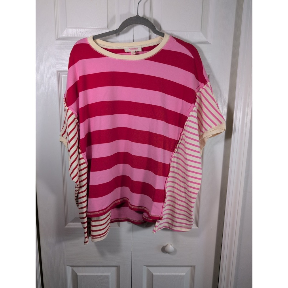 Peach Love Color‎ Block Striped Shirt Hi-lo Oversized Comfy Soft Small